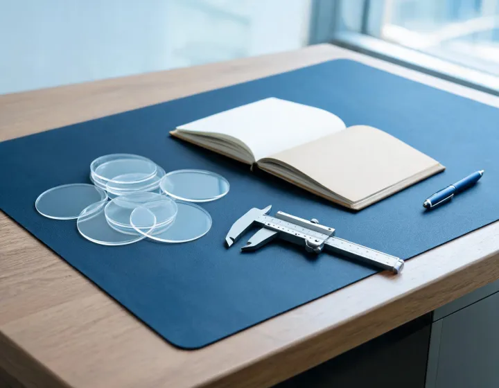 Independent lens sourcing desk with unlabeled blanks and RFQ notes