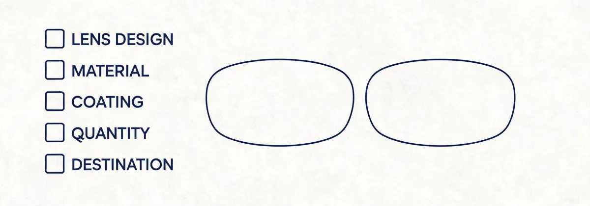 Specification checklist diagram for eyeglass lenses, not a mapped office