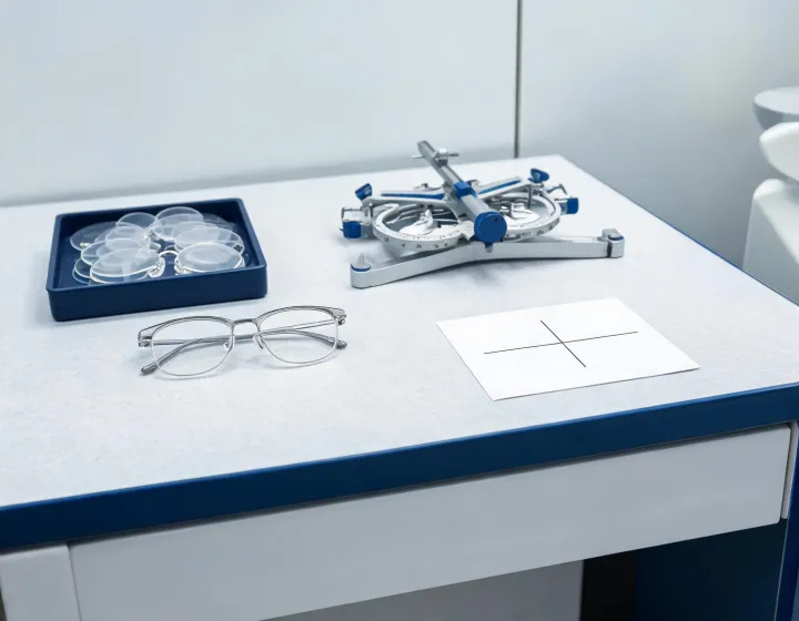 Lens fit gauge and marking card beside unlabeled eyeglass lenses