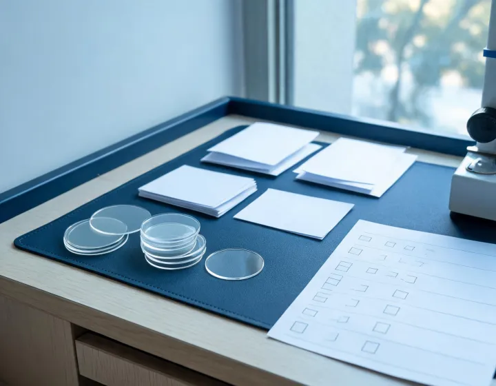 Custom eyeglass lenses blanks beside index and coating checklist on a sourcing desk